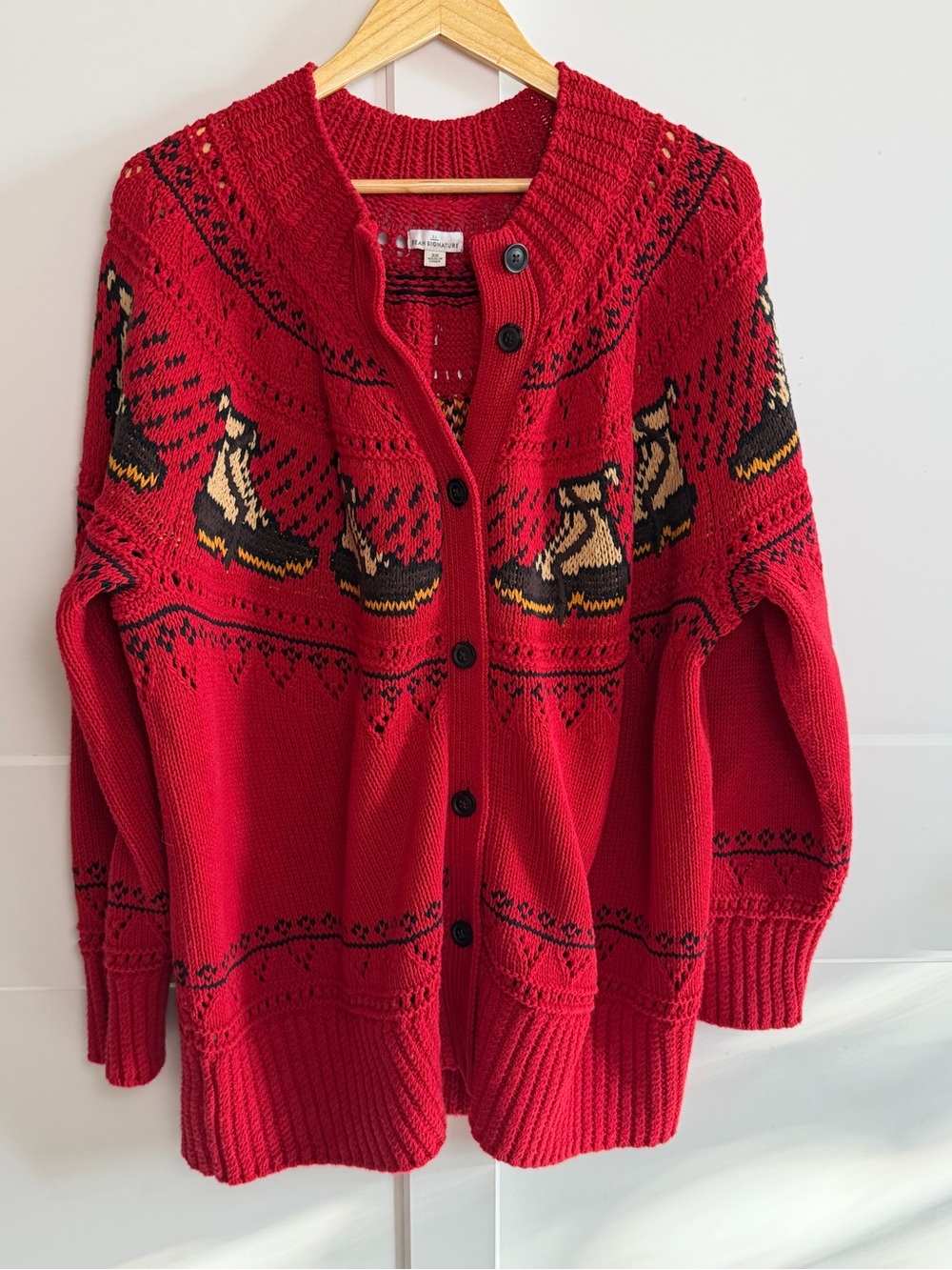 L.L.Bean Signature 3X Bean Boot Fair Isle Cotton Cardigan Red